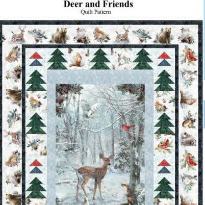 Deer and Friends Panel Frame Quilt Pattern, Castilleja Cotton CJC-5942-1, Fabric Panel Friendly Xmas Pine Trees Frame Quilt Pattern
