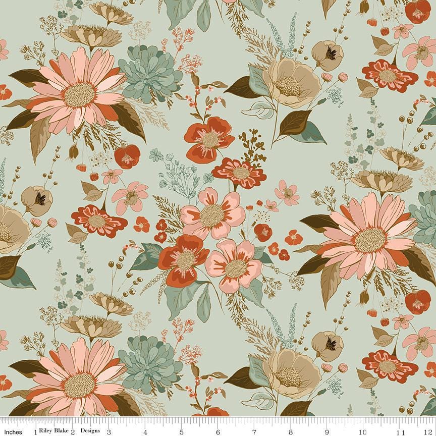 Morning Latte Rolie Polie, Riley Blake RP-16920-40, 2.5" Precut Brown Mint Rose Aqua Rust Floral Fabric Strips, Sandy Gervais