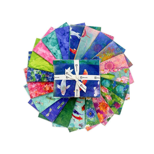 Lily Pond 20 Fat Quarter Bundle, Clothworks FQ0524, Water Lilies Koi Fish Dragonflies Pink Blue Green Floral Fabric