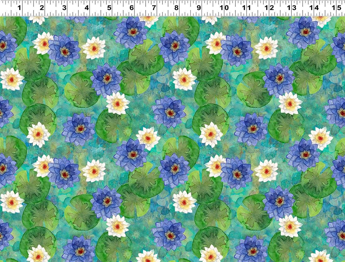 Lily Pond 20 Fat Quarter Bundle, Clothworks FQ0524, Water Lilies Koi Fish Dragonflies Pink Blue Green Floral Fabric