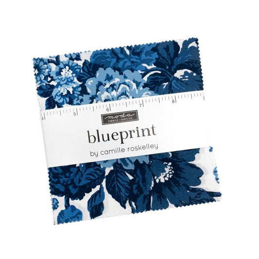 Blueprint 5" Charm Pack, Moda 55330PP, Blue White Green Floral Charm Pack Fabric, 5" Precut Fabric Squares, Camille Roskelley