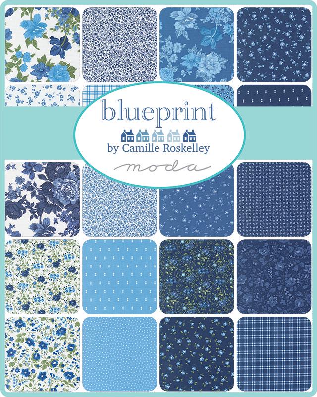 Blueprint 5" Charm Pack, Moda 55330PP, Blue White Green Floral Charm Pack Fabric, 5" Precut Fabric Squares, Camille Roskelley