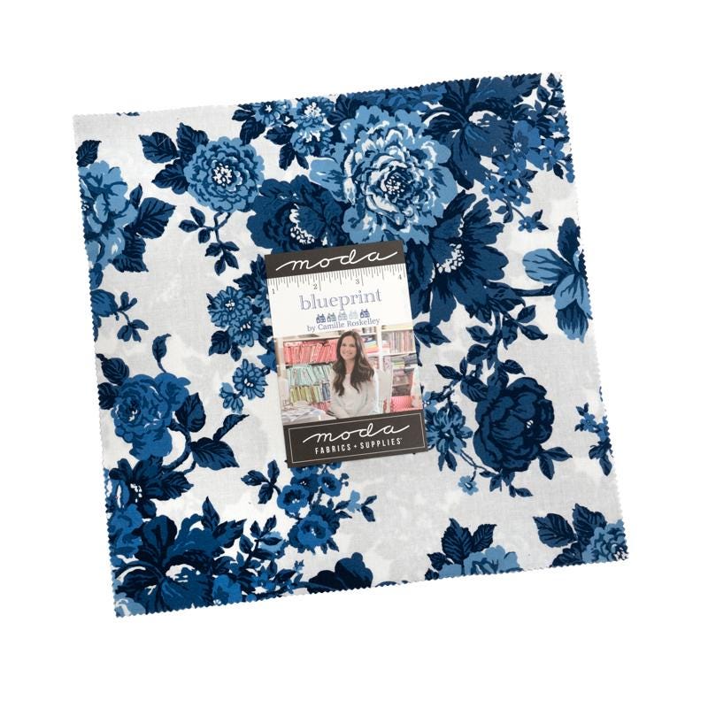 Blueprint 10" Layer Cake, Moda 55330LC, 5" Precut Blue White Green Floral Fabric Squares, Camille Roskelley