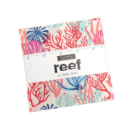 Reef 5" Charm Pack, Moda 27340PP, 5" Precut Blue Pink Green Beige Beach Seashells Fish Ocean Themed Quilt Fabric Squares, Kate Spain