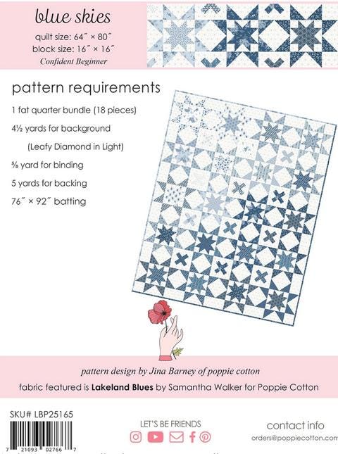 Blue Skies Quilt Pattern, Poppie Cotton LBP25165, Fat Quarter FQ Friendly Stars and Crosses Throw and Pillow Cover Quilt Pattern