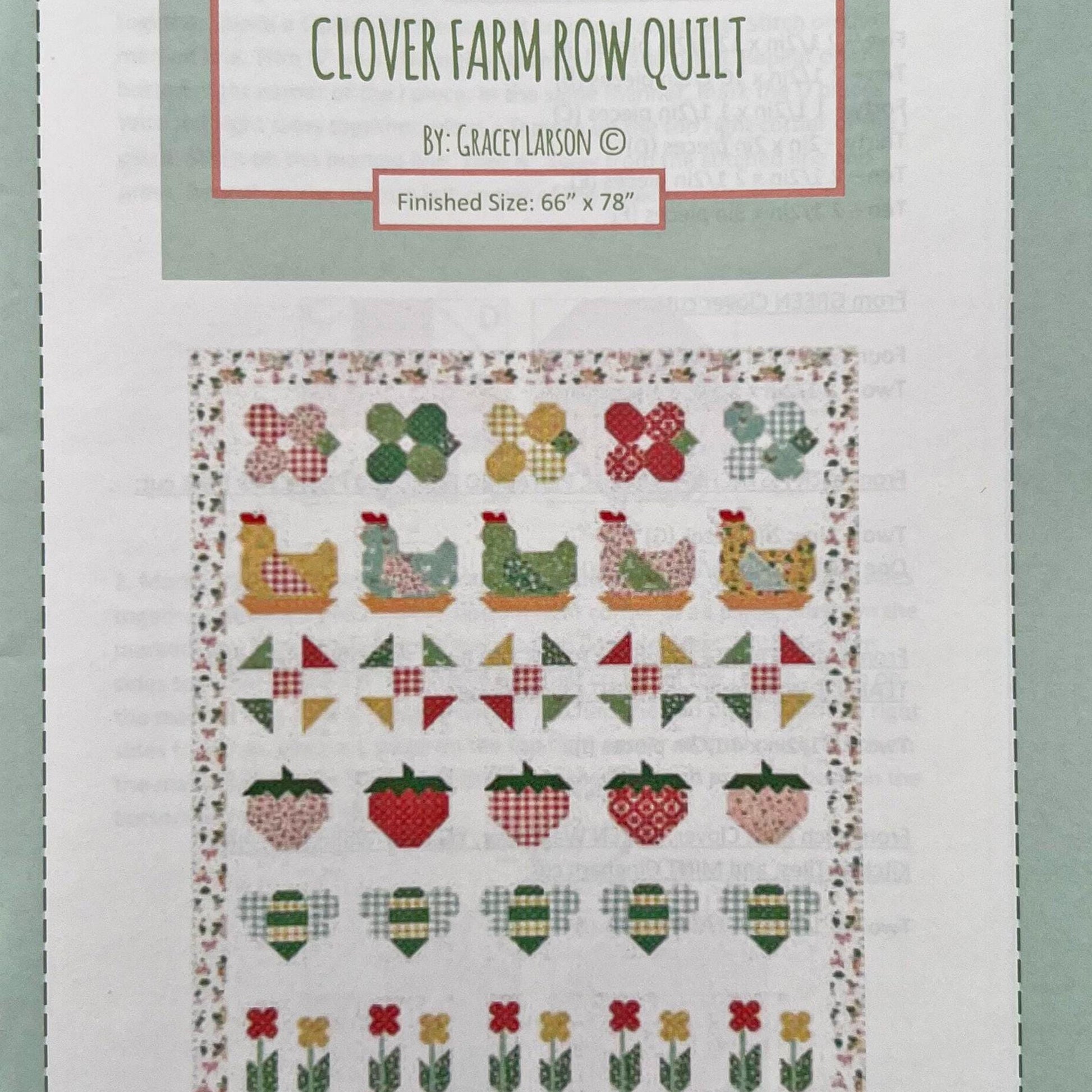 Clover Farm Row Quilt Pattern, Gracey Larson P155-CLOVER, Yardage Friendly Flowers Chickens Strawberries Bees Throw Quilt Pattern
