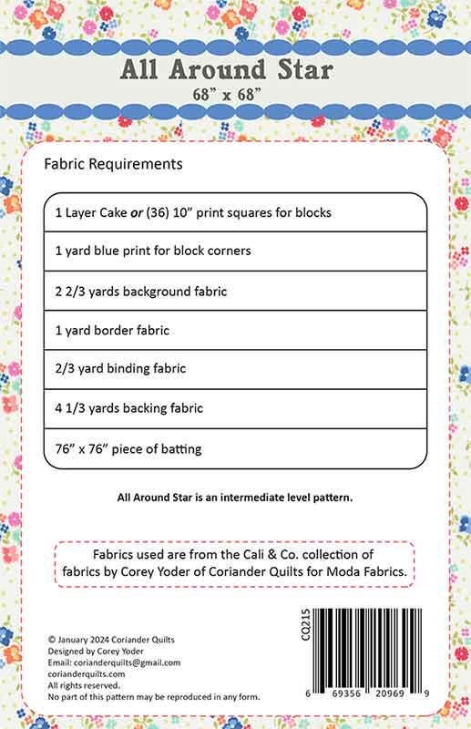 All Around Star Quilt Pattern, Coriander Quilts CQ215, 10" Layer Cake Squares Friendly Stars Surrounding Stars Quilt Pattern, Corey Yoder