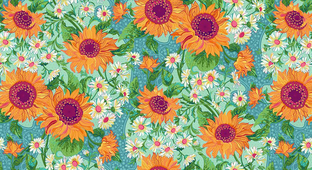 Sunflower Sonata 10" Squares, Robert Kaufman TEN-1413-42, Bright Colorful Digitally Printed Floral 10" Precut Fabric Squares, Lola Bek