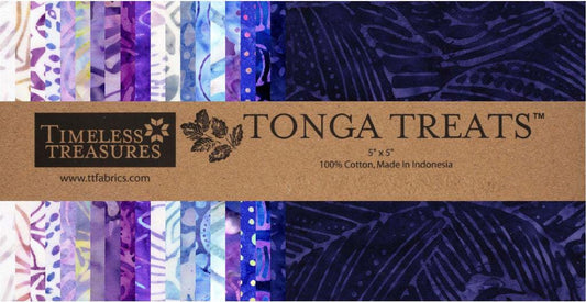 Tonga Lilac Batik 5" Squares, Timeless Treasures Treat-Mini42 Lilac, 5" Precut Blue Purple White Batik Charm Pack Squares