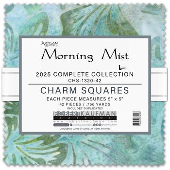 Morning Mist 2025 5" Charm Squares, Robert Kaufman CHS-1320-42, 5" Precut Green Blue Pastel Batik Charm Pack Fabric Squares