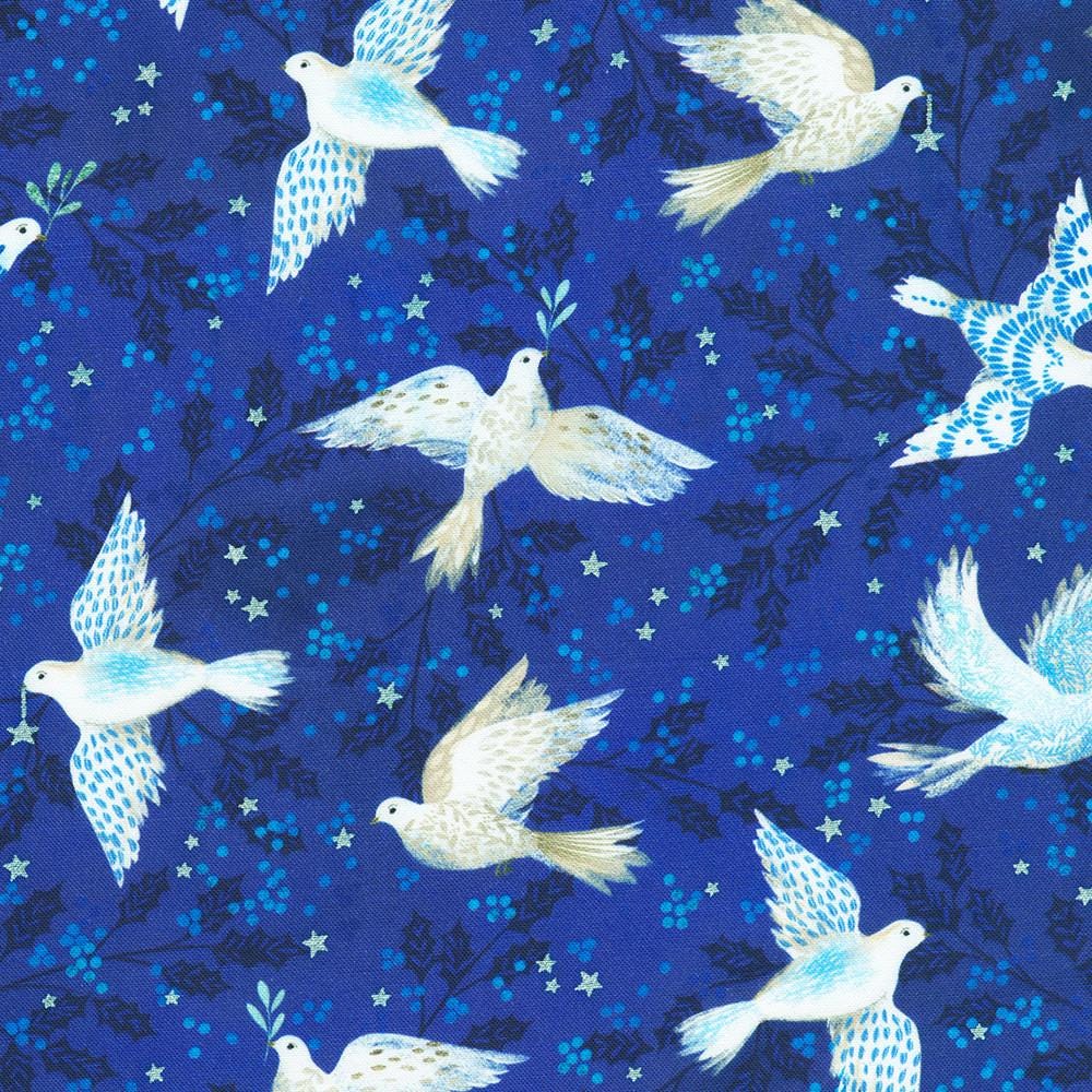 Peaceful 5" Charm Squares, Robert Kaufman CHS-1313-42, 5" Precut Blue Cream Christmas Floral Fabric Squares