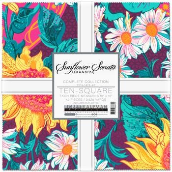 Sunflower Sonata 10" Squares, Robert Kaufman TEN-1413-42, Bright Colorful Digitally Printed Floral 10" Precut Fabric Squares, Lola Bek