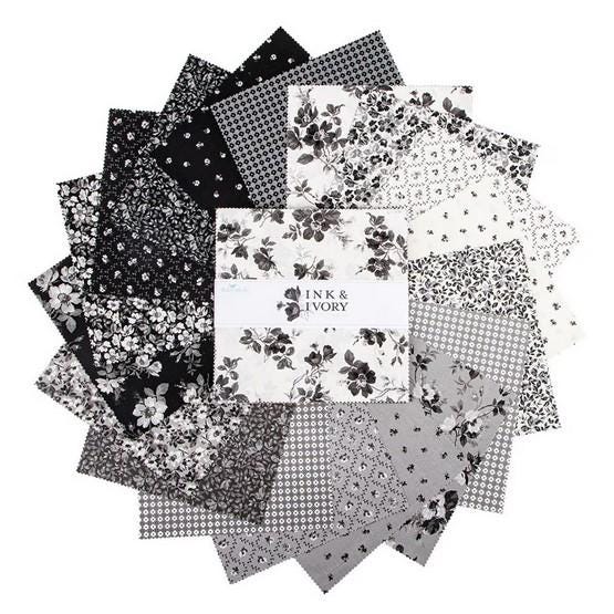 Ink and Ivory 10" Stacker, Riley Blake 10-16910-42, 10" Precut Black Cream Gray Floral Quilt Fabric Squares