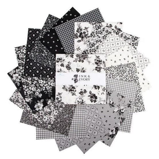 Ink and Ivory 10" Stacker, Riley Blake 10-16910-42, 10" Precut Black Cream Gray Floral Quilt Fabric Squares