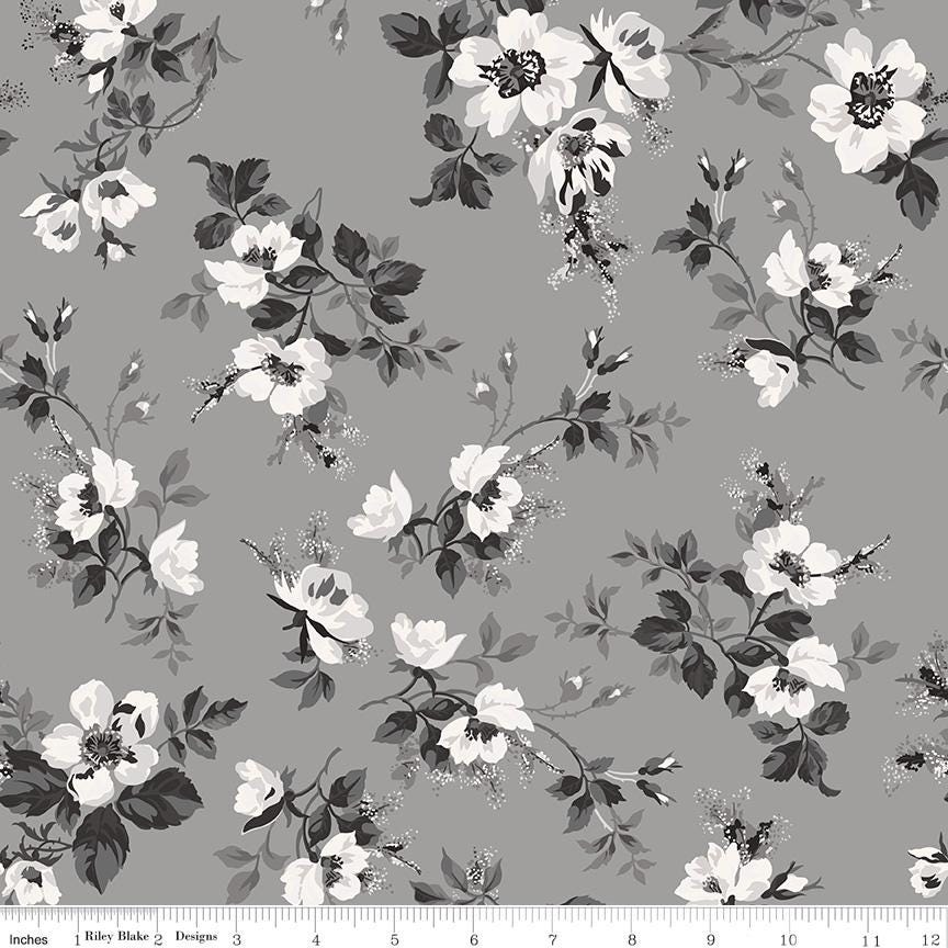 Ink and Ivory 5" Stacker, Riley Blake 5-16910-42, 5" Precut Black Cream Gray Floral Quilt Fabric Charm Squares
