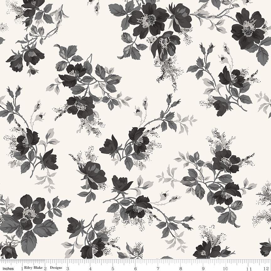 Ink and Ivory 10" Stacker, Riley Blake 10-16910-42, 10" Precut Black Cream Gray Floral Quilt Fabric Squares