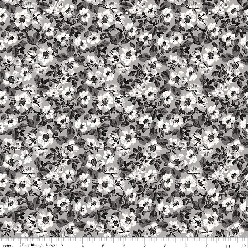 Ink and Ivory 10" Stacker, Riley Blake 10-16910-42, 10" Precut Black Cream Gray Floral Quilt Fabric Squares