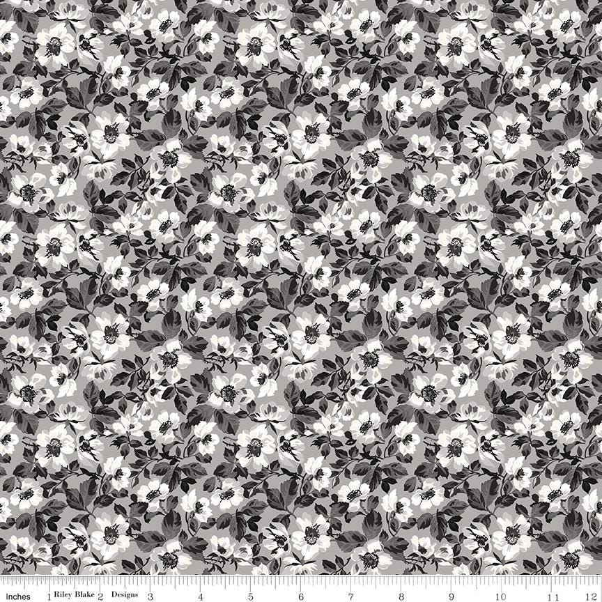 Ink and Ivory 5" Stacker, Riley Blake 5-16910-42, 5" Precut Black Cream Gray Floral Quilt Fabric Charm Squares