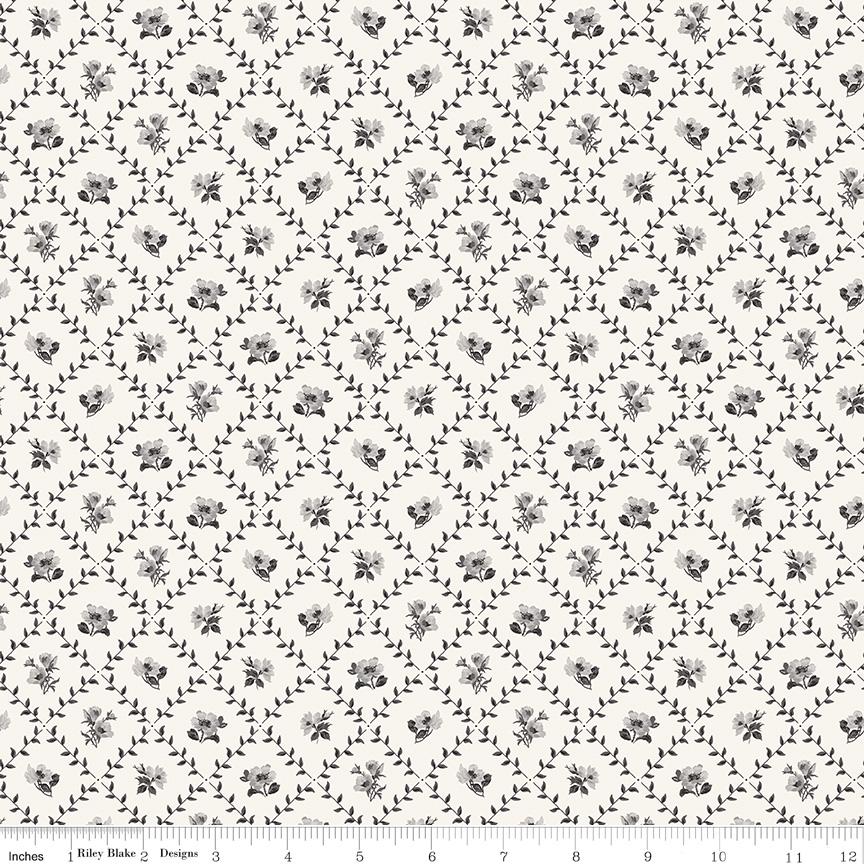 Ink and Ivory 10" Stacker, Riley Blake 10-16910-42, 10" Precut Black Cream Gray Floral Quilt Fabric Squares