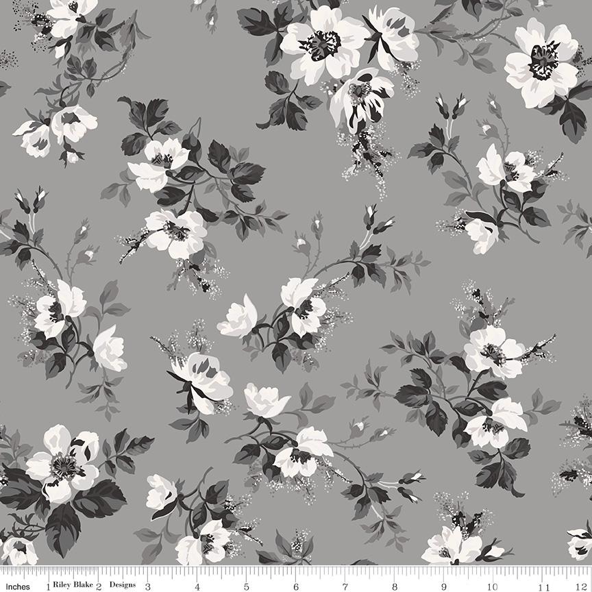 Ink and Ivory Rolie Polie, Riley Blake RP-16910-40, 2.5" Precut Black Cream Gray Floral Fabric Strips