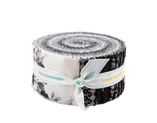 Ink and Ivory Rolie Polie, Riley Blake RP-16910-40, 2.5" Precut Black Cream Gray Floral Fabric Strips