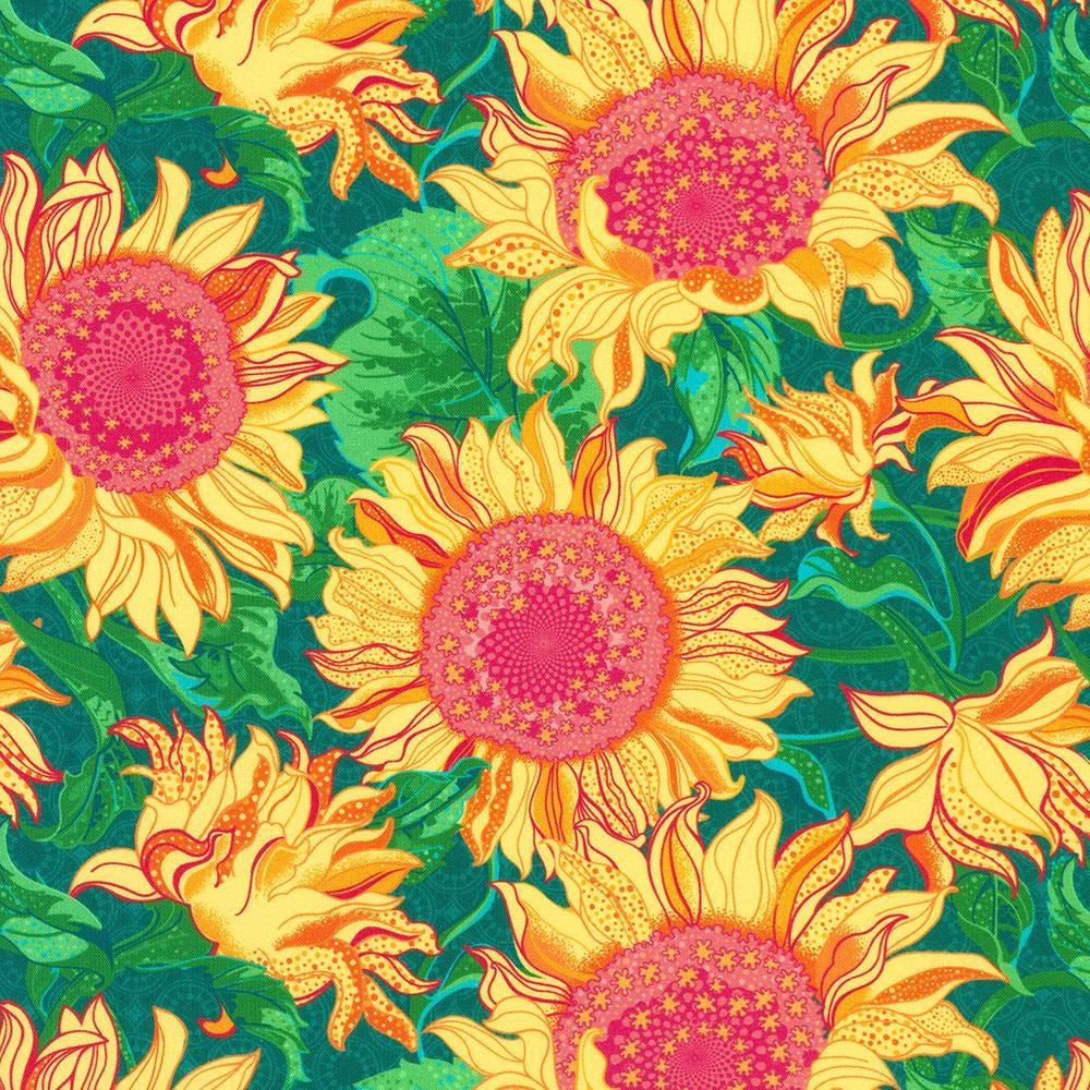 Sunflower Sonata Roll Up, Robert Kaufman RU-1342-40, 2.5" Precut Pink Teal Yellow Floral Digitally Printed Quilt Fabric, Lola & Bek