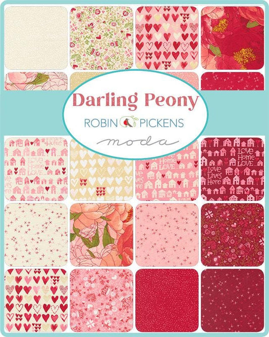 Darling Peony 5" Charm Pack, Moda 48790PP, 5" Precut Pink Red Cream Valentine Wedding Hearts Homes Quilt Fabric Squares, Robin Pickens