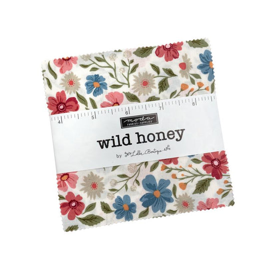 Wild Honey 5" Charm Pack, Moda 5250PP, 5" Precut Floral Honeybees Pink Green Gold Blue Fabric Squares, Lella Boutique