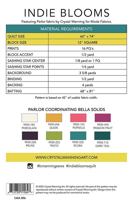 Indie Blooms Quilt Pattern, Crystal Manning CMA896, Fat Quarter FQ Friendly Modern Star Throw Quilt Pattern