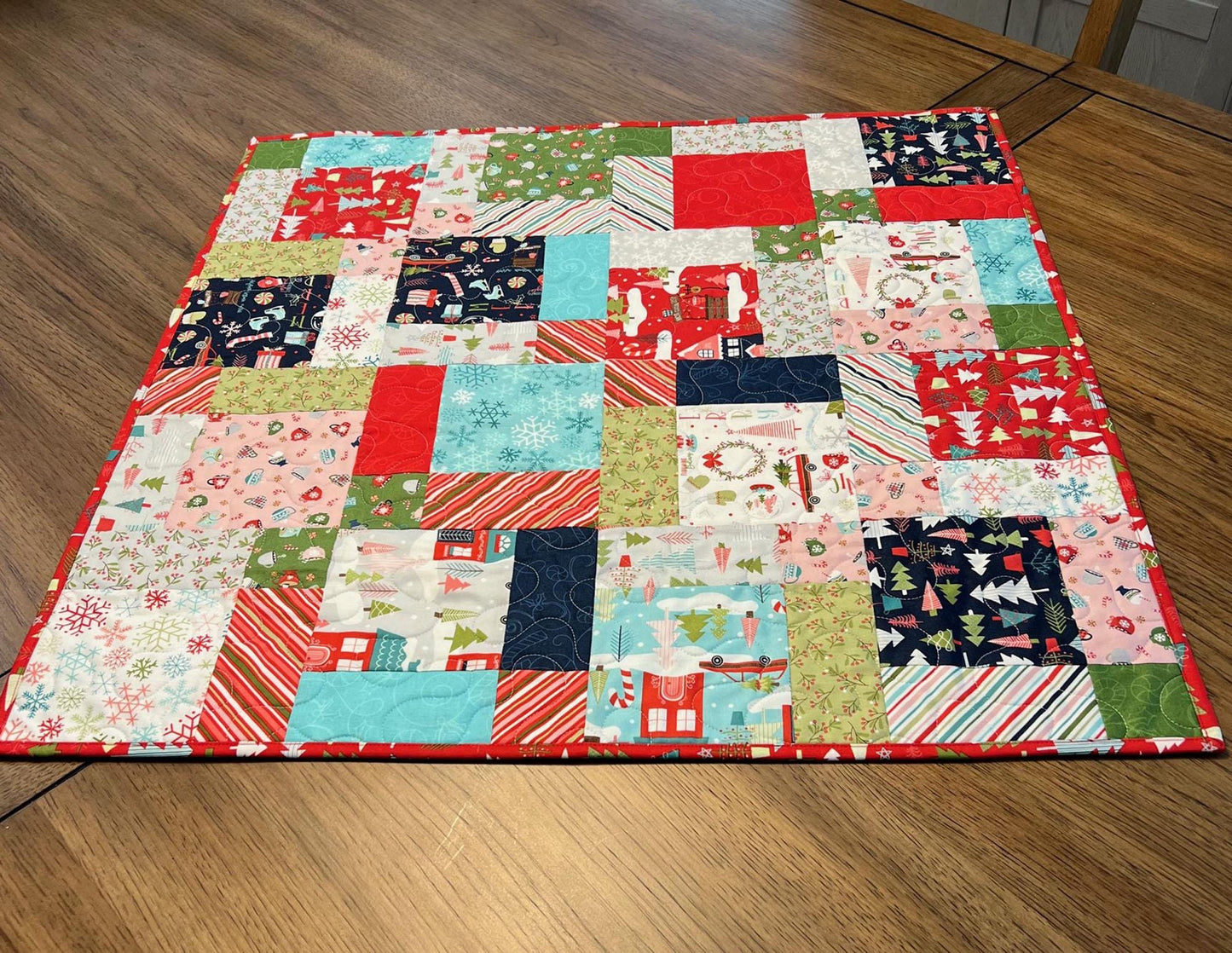 Cup of Cheer Christmas Quilted Table Topper, 26.5" Square Table Topper, Disappearing 9 Patch Red Blue Green Xmas Table Quilt