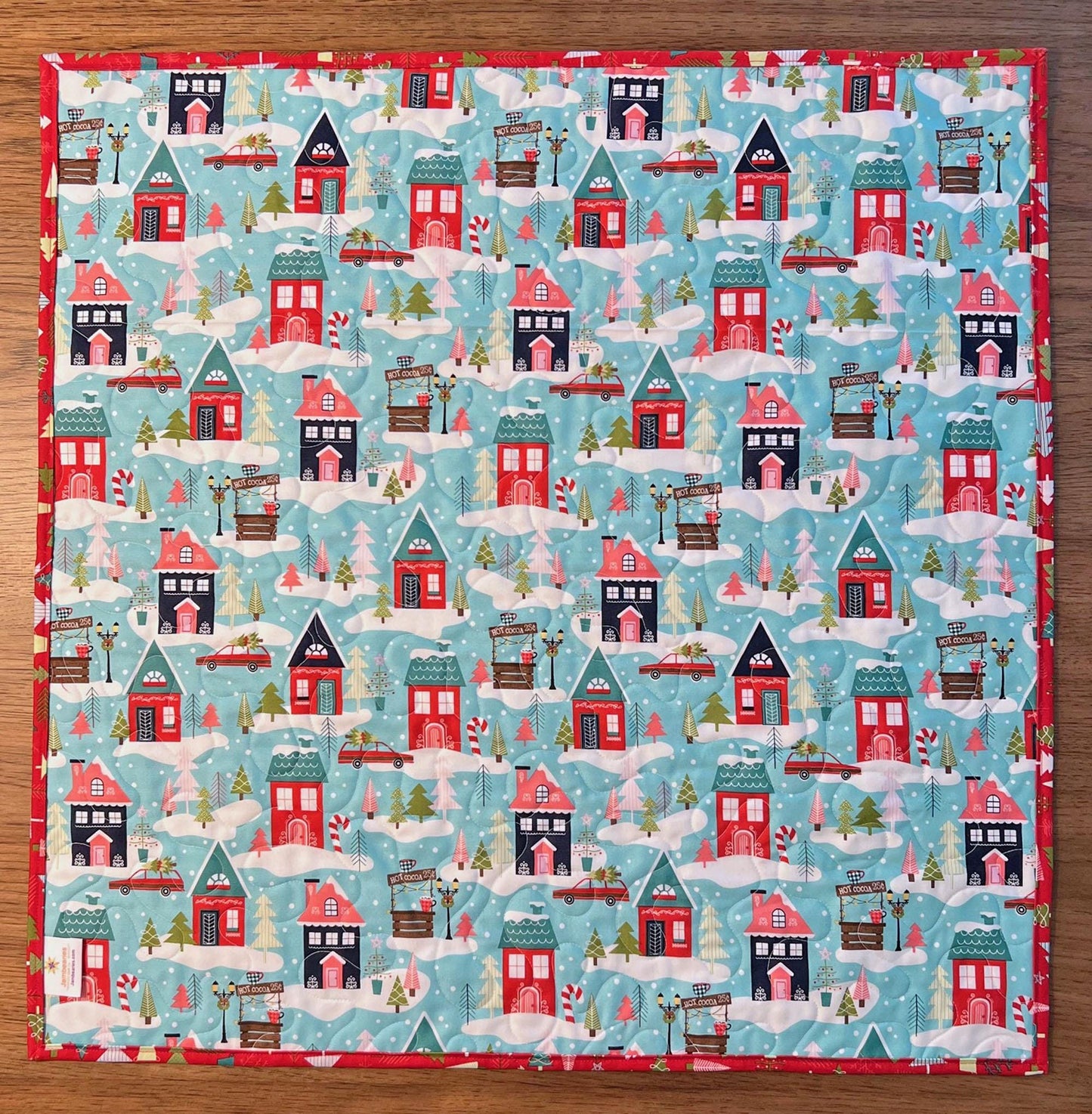 Cup of Cheer Christmas Quilted Table Topper, 26.5" Square Table Topper, Disappearing 9 Patch Red Blue Green Xmas Table Quilt