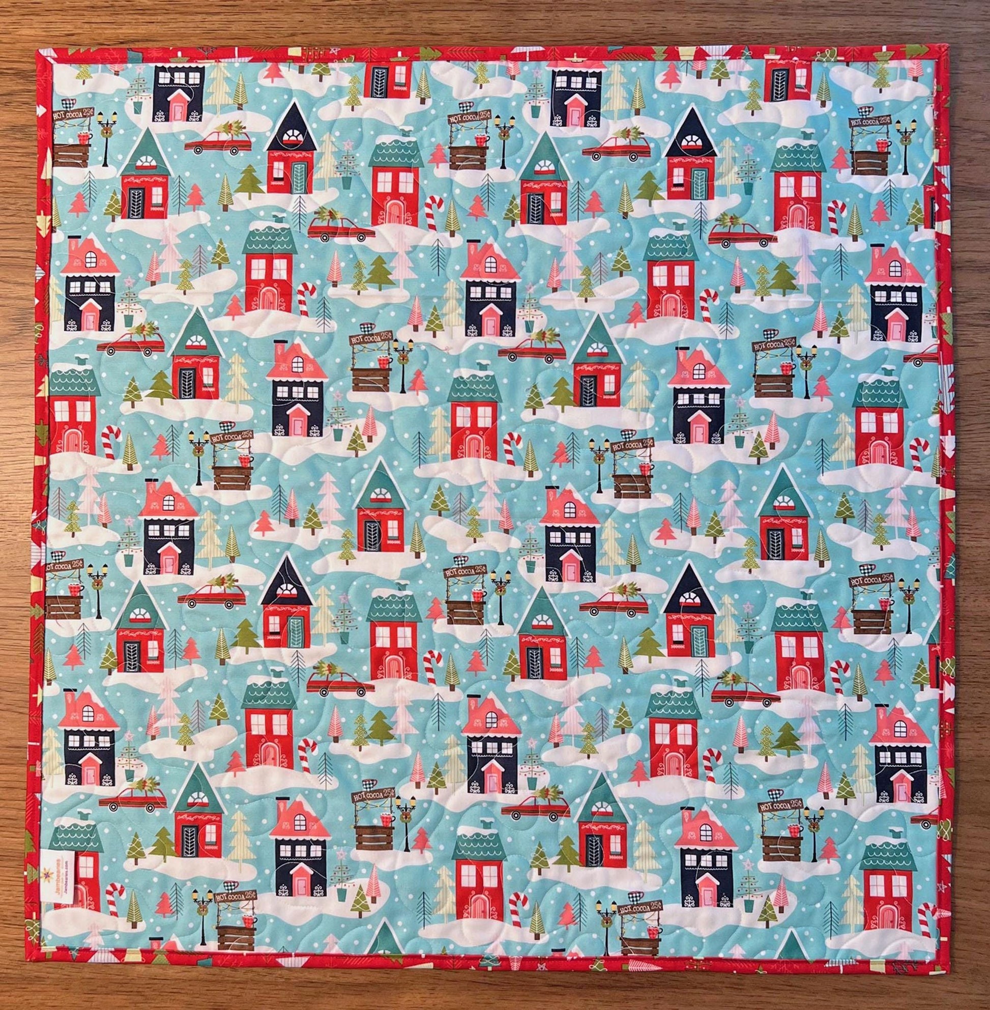 Cup of Cheer Christmas Quilted Table Topper, 26.5" Square Table Topper, Disappearing 9 Patch Red Blue Green Xmas Table Quilt
