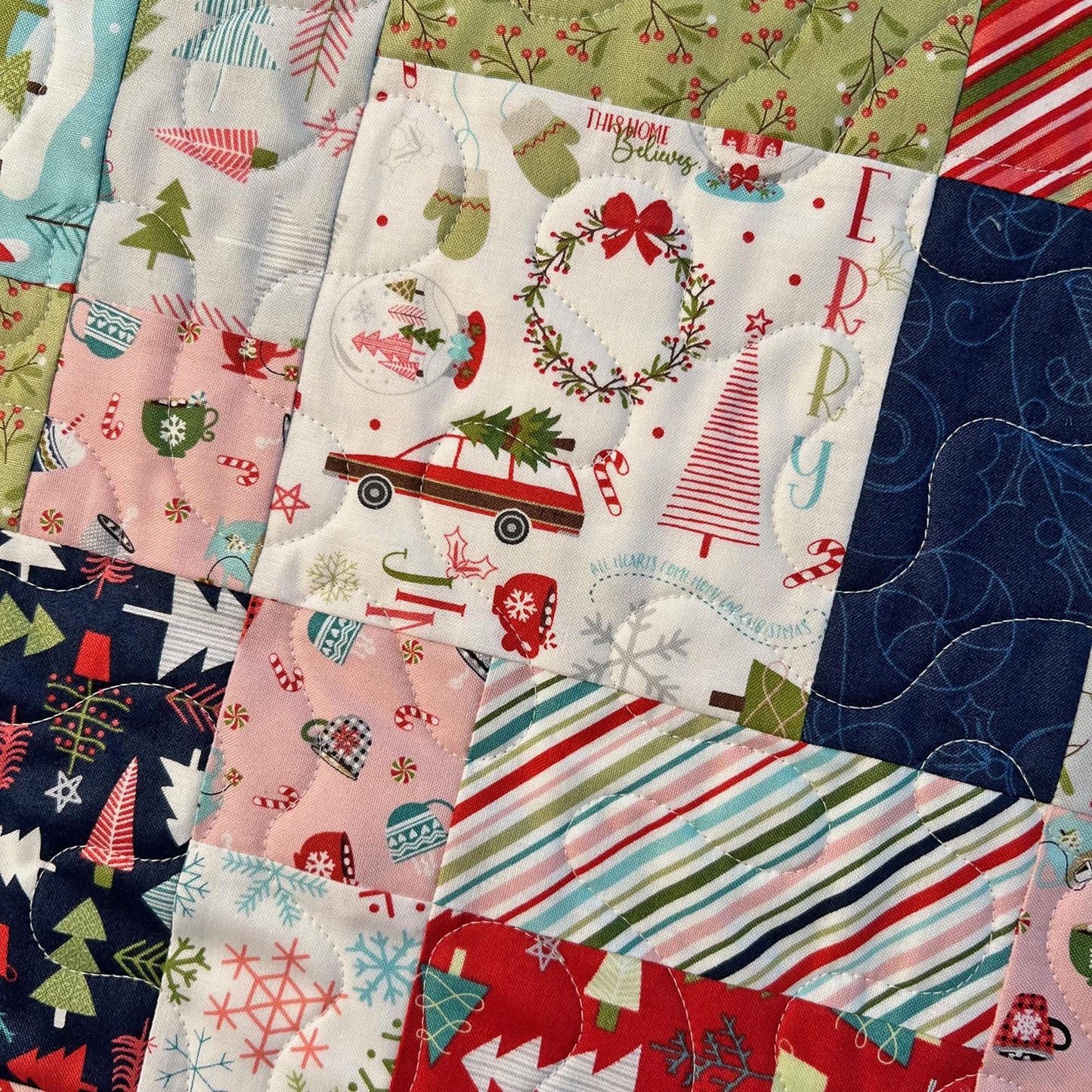 Cup of Cheer Christmas Quilted Table Topper, 26.5" Square Table Topper, Disappearing 9 Patch Red Blue Green Xmas Table Quilt