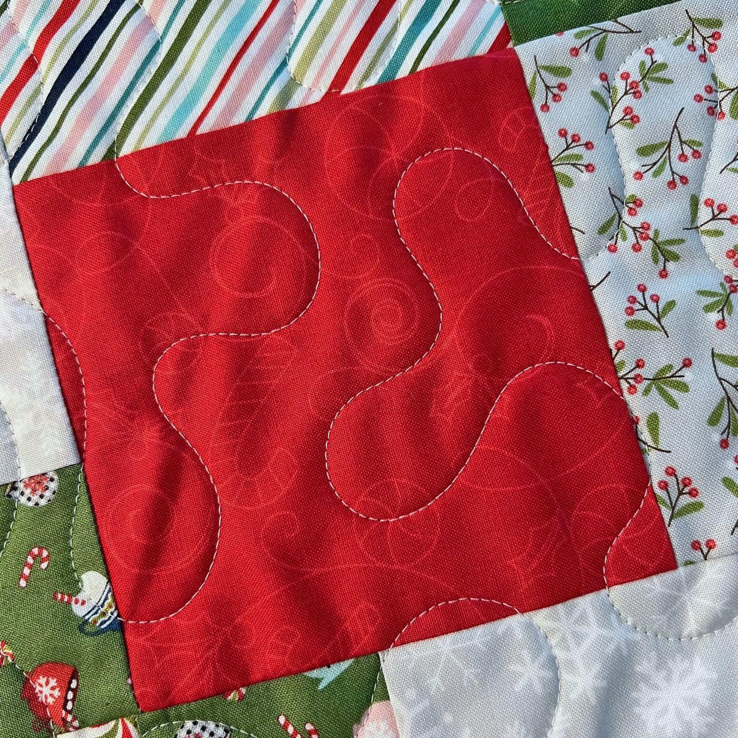 Cup of Cheer Christmas Quilted Table Topper, 26.5" Square Table Topper, Disappearing 9 Patch Red Blue Green Xmas Table Quilt