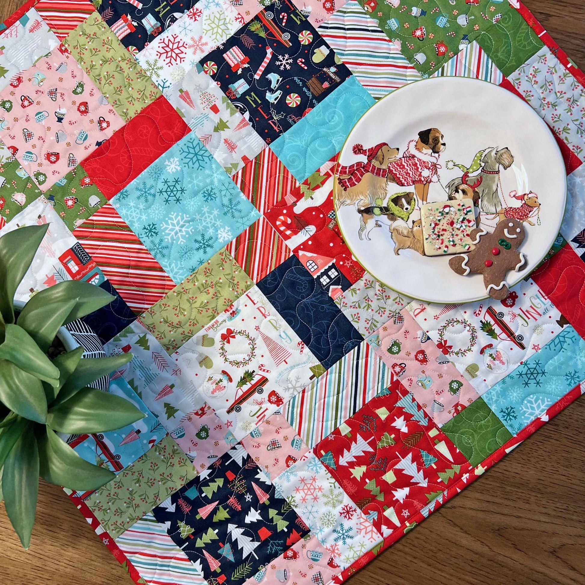 Cup of Cheer Christmas Quilted Table Topper, 26.5" Square Table Topper, Disappearing 9 Patch Red Blue Green Xmas Table Quilt