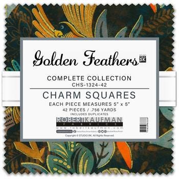 Golden Feathers 5" Charm Squares, Robert Kaufman CHS-1324-42, 5" Precut Brown Rust Teal Metallic Birds Feathers Floral Fabric Squares,