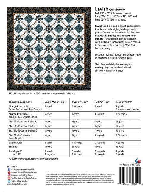 Lavish Quilt Pattern, Material Girlfriends MG120, Yardage Friendly Stars Baby Wall Twin Full King Bed Quilt Pattern
