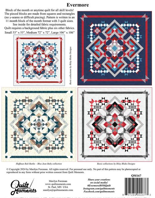 Evermore BOM Quilt Pattern, Quilt Moments QM167, Yardage Friendly Square King Bed Quilt Pattern, Block of the Month Quilt Pattern