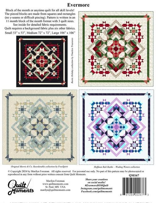 Evermore BOM Quilt Pattern, Quilt Moments QM167, Yardage Friendly Square King Bed Quilt Pattern, Block of the Month Quilt Pattern