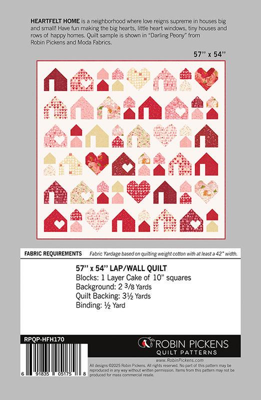 Heartfelt Homes Quilt Pattern, Robin Pickens RPQP-HFH170, Layer Cake 10" Squares Friendly Hearts and Houses Lap Wall Quilt Pattern