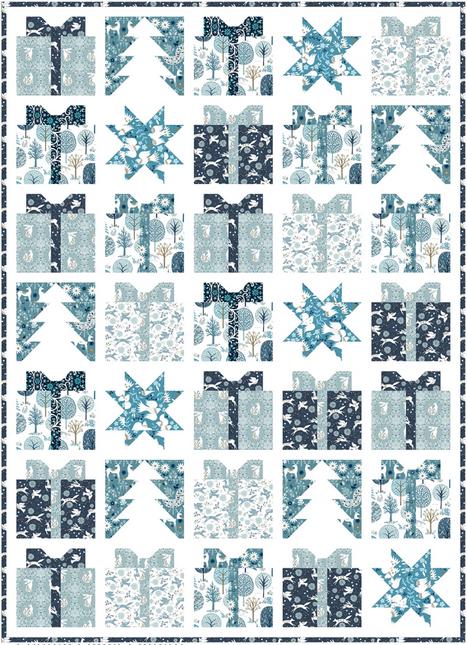 Cool Blue Christmas Quilt Pattern, Coach House Designs CHD2552, Yardage Friendly Christmas Xmas Presents Trees Star Lap Throw Quilt Pattern
