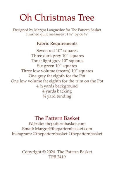 Oh Christmas Tree Quilt Pattern, The Pattern Basket TPB2419, Layer Cake Friendly Potted Christmas Xmas Tree Throw Quilt Pattern
