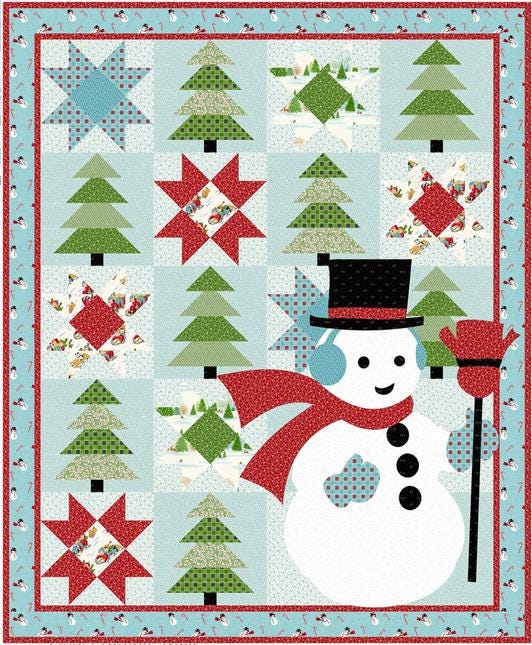 My Man Frosty Quilt Pattern, Coach House Designs CHD2448, Yardage Friendly Christmas Xmas Snowman Stars Trees Star Applique Quilt Pattern