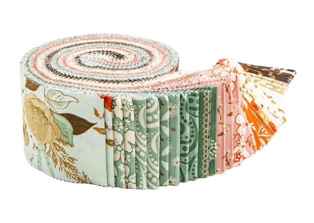 Morning Latte Rolie Polie, Riley Blake RP-16920-40, 2.5" Precut Brown Mint Rose Aqua Rust Floral Fabric Strips, Sandy Gervais