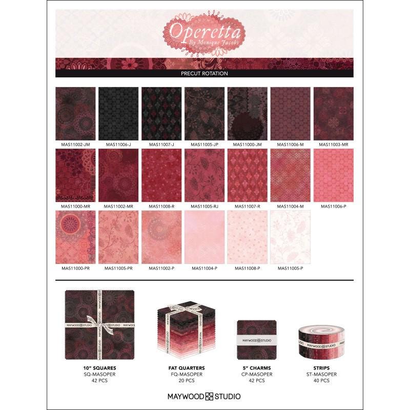 Operetta 5" Charm Pack, Maywood Studio CP-MASOPER, 5" Precut Black Burgundy Pink Floral Charm Pack Fabric Squares, Monique Jacobs