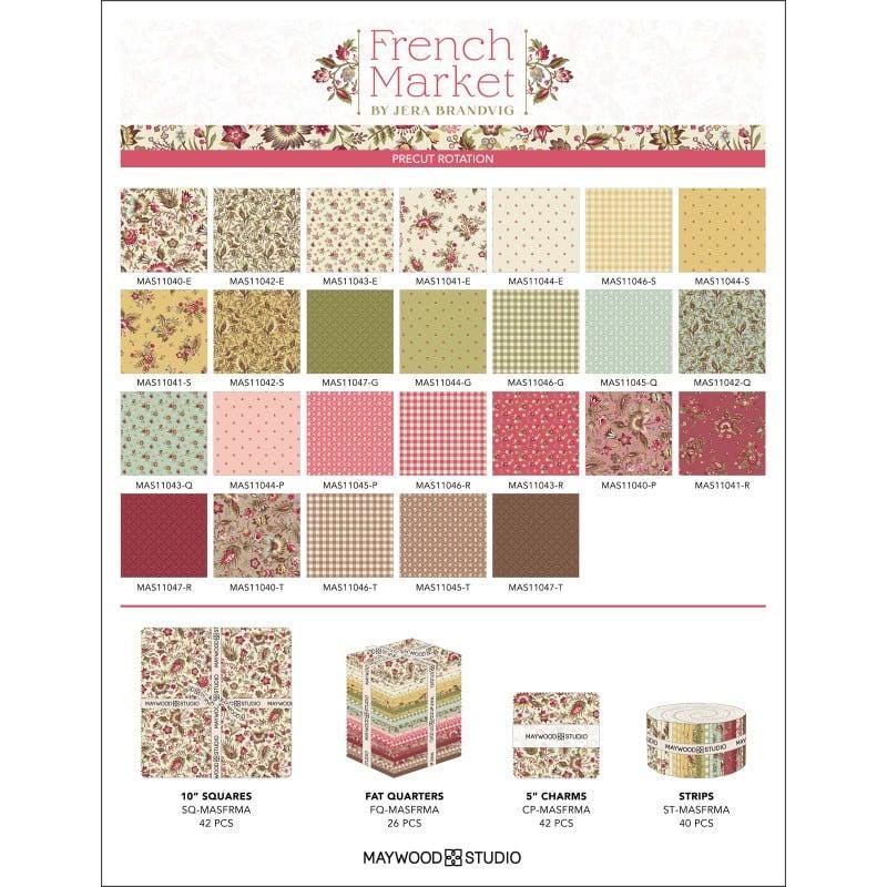 French Market 5" Charm Pack, Maywood Studio CP-MASFRMA, 5" Precut Purple Cream Brown Red Yellow Green Floral Charm Pack Fabric Squares