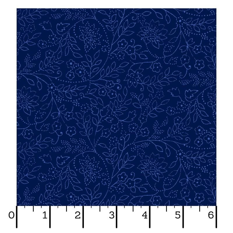Blue Belle - Medium Blue Trailing Leaf and Flowers on Navy Fabric, Maywood Studio MAS10909-N, Navy Quilt Blender Cotton Fabric, By the Yard