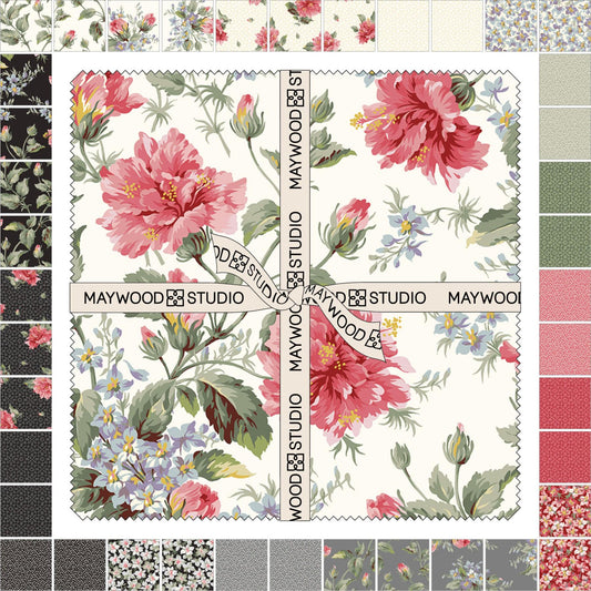 Marlowe 10" Squares, Maywood Studio SQ-MASMARL, 10" Precut Pink Black Gray Green Cream Floral Charm Pack Fabric Squares
