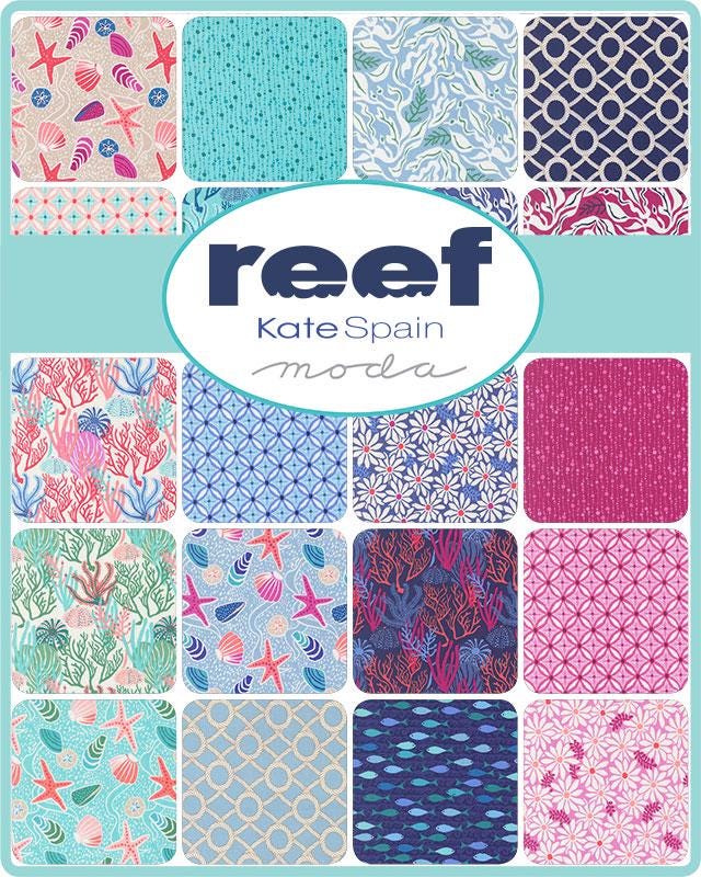 Reef 10" Layer Cake, Moda 27340LC, 10" Precut Blue Pink Green Beige Beach Seashells Fish Ocean Themed Quilt Fabric Squares, Kate Spain