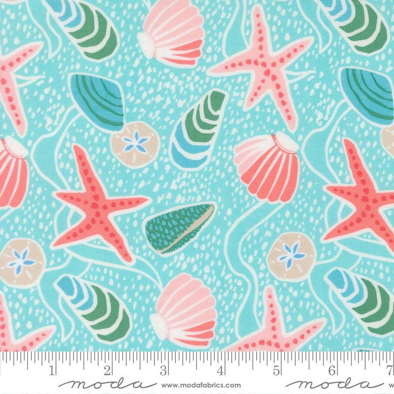 Reef - Coral Green Seashells on Turquoise Fabric, Moda 27340 24 Surf, Beach Ocean Seaside Starfish Coastal Fabric, Kate Spain, By the Yard